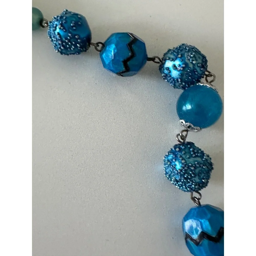 VTG Sugar Caged Beaded‎ Necklace Aqua Blue Horseshoe Pendant Crystals Hong Kong